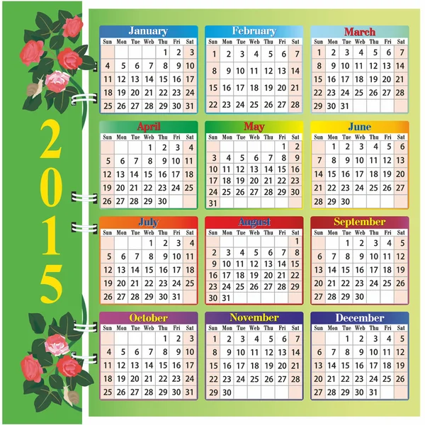 Calendario 2015 con rosas — Vector de stock