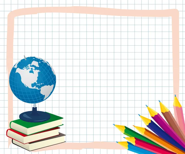 Cadre scolaire avec crayons de couleur, livres et globe — Image vectorielle
