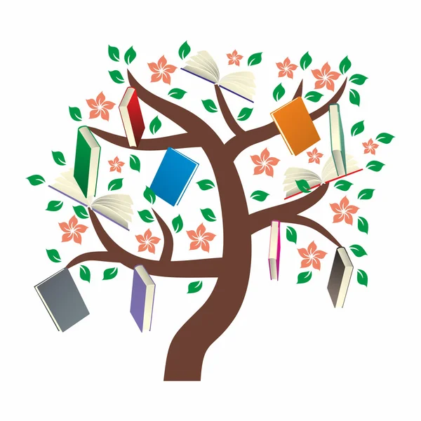 Дерево знаний с листьями, цветами и книгами — стоковый вектор