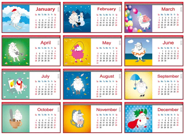 Uppsättning av kalendrar för varje månad 2015 med aktiva får — 图库矢量图片
