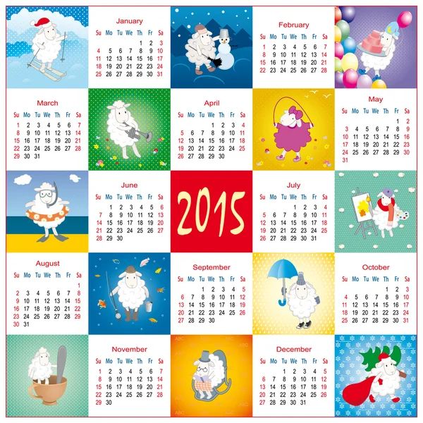 Drôles de vecteur calendrier dessin animé avec des moutons — Image vectorielle