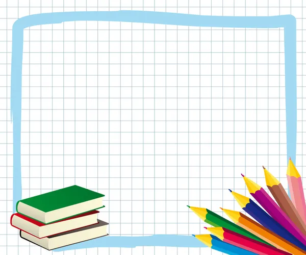 Школьная рама с цветными карандашами и книгами — стоковый вектор