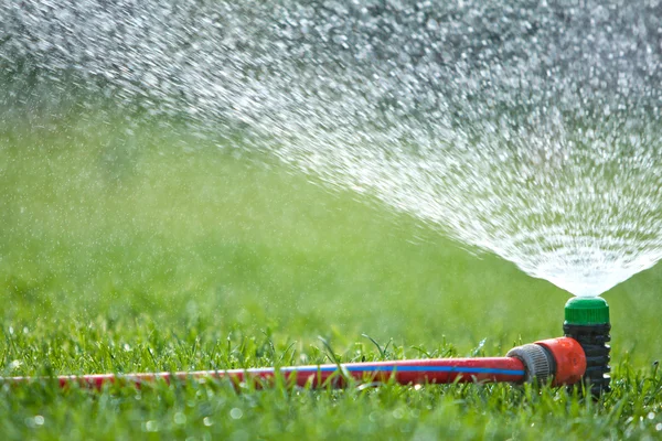 Irroratore per prato spruzzando acqua sull'erba verde — Foto Stock