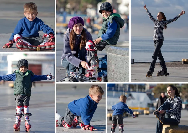 Mãe feliz e filho indo rollerblading colagem ao ar livre — Fotografia de Stock