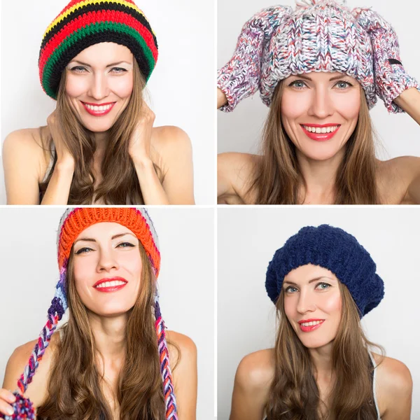 Šťastná mladá dívka v různých zimní pletené čepice — Stock fotografie