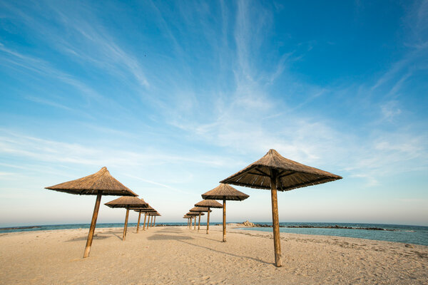 Sunny beach. Beach umbrellas on sand near ocean