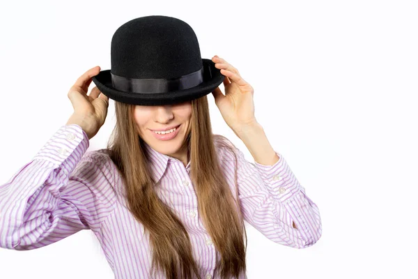 Beautiful brunette in bowler hat — Stock Photo, Image