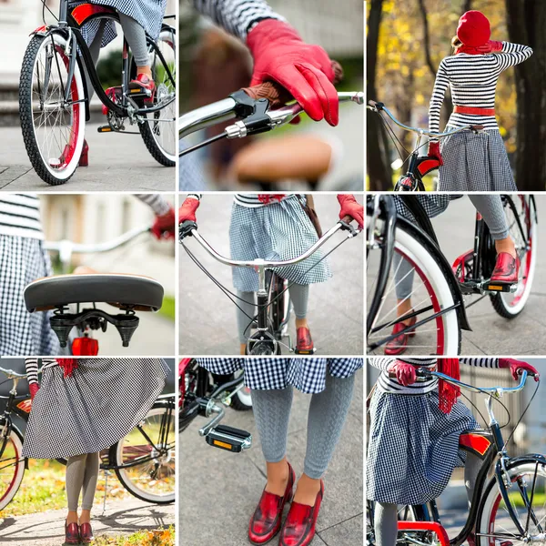 Giovane donna in sella a un collage in bicicletta — Foto Stock