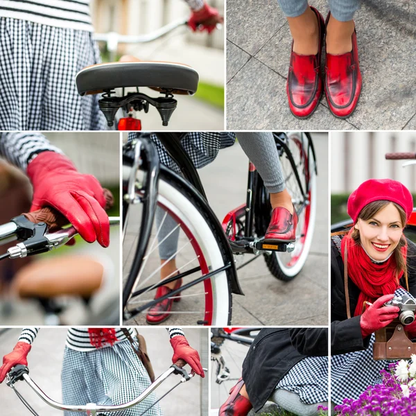 幸せな若い女性、自転車に乗って — ストック写真