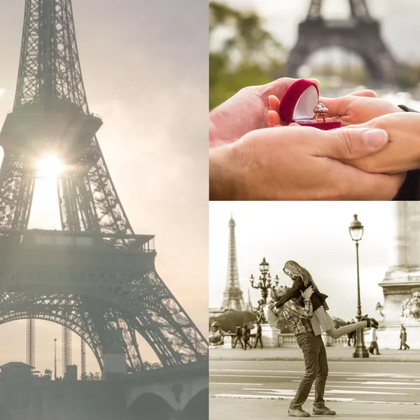 Älskande par kyssas nära Eiffeltornet i paris — Stockfoto