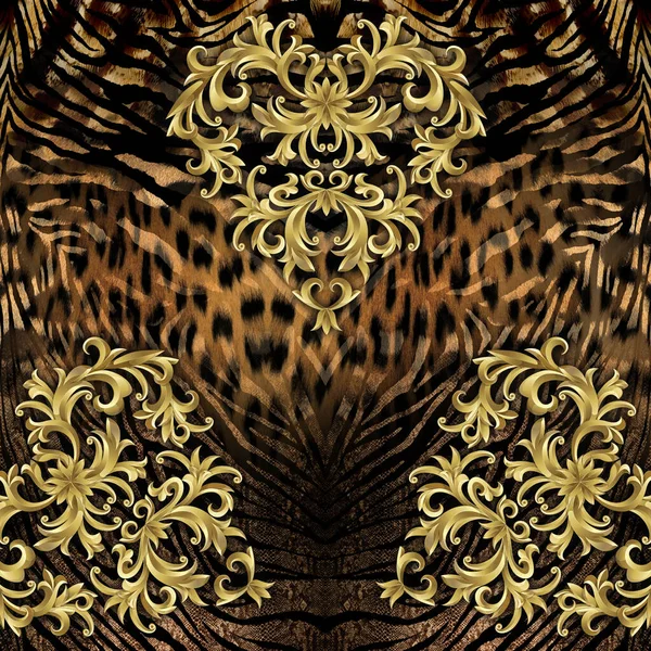 Golden Baroque Colored Animal Skin Ready Textile Prints — Stock Photo, Image