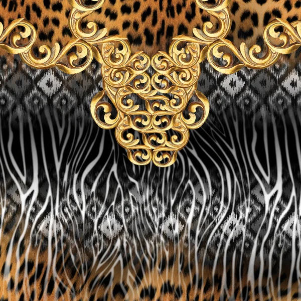 Χρυσό Μπαρόκ Έγχρωμο Δέρμα Ζώου Έτοιμο Για Εκτυπώσεις Υφασμάτων — Φωτογραφία Αρχείου