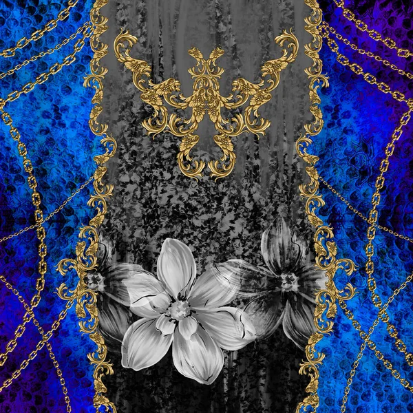 Golden Baroque Chains Black White Flowers Pattern Ready Textile Prints — Stock Photo, Image