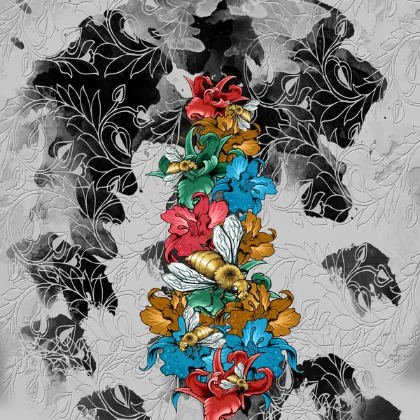 Абстрактный Дизайн Цветов Пчел Текстильной Печати — стоковое фото