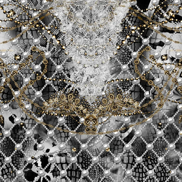 Mixed Design Golden Jewlery Lace Animals Skin Background Ready Textile — Stock Photo, Image