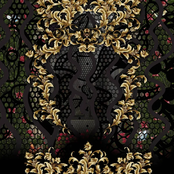 Floral Abstract Design Golden Baroque Ready Textile Prints — Stock Photo, Image