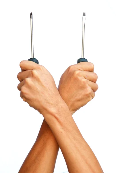 De sterke hand houden beiden schroevendraaier — Stockfoto