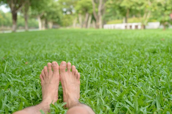 Man fötter på grönt gräs bakgrund Stockbild
