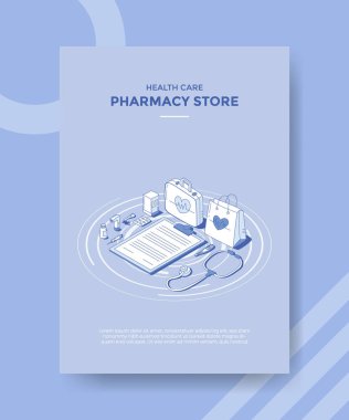 İzometrik dış hatlı poster ve el ilanı için eczane depolama konsepti