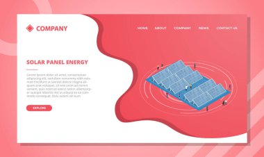 İzometrik biçim illüstrasyonlu web sitesi şablonu veya ana sayfası indirme için güneş paneli enerji planı konsepti