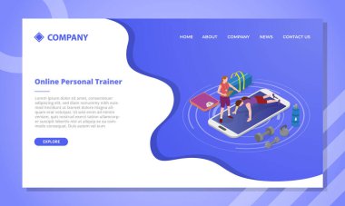Web sitesi şablonu veya izometrik biçim vektör illüstrasyonlu ana sayfası için online pt kişisel çalıştırıcı koçu kavramı