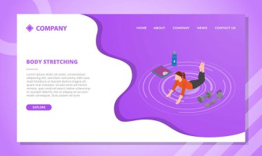 Kadın, web sitesi şablonu veya izometrik biçim vektör ilüstrasyonlu ana sayfası için spor kavramından önce gerinir