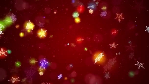 Різдвяний новорічний червоний фон з сніжинками, снігом і частинами — стокове відео