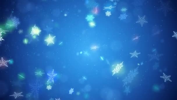 Ano Novo de Natal fundo azul com flocos de neve, neve e partículas — Vídeo de Stock