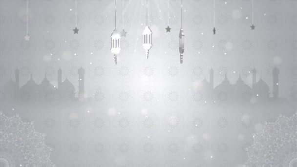 Bonito eid mubarak islâmico branco fundo com ramadã lanterna e mesquita — Vídeo de Stock