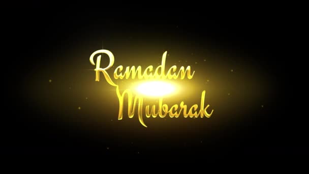 Ramadan mubarak goldener 3D-Grußtext mit Teilchen und Fackellicht — Stockvideo