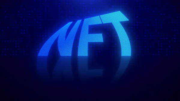 NFT Metnin 3d Dönüşü ve fütüristik mavi arkaplan yansıması. Geri dönüşümsüz mavi arkaplan ile Metin Döndürme.