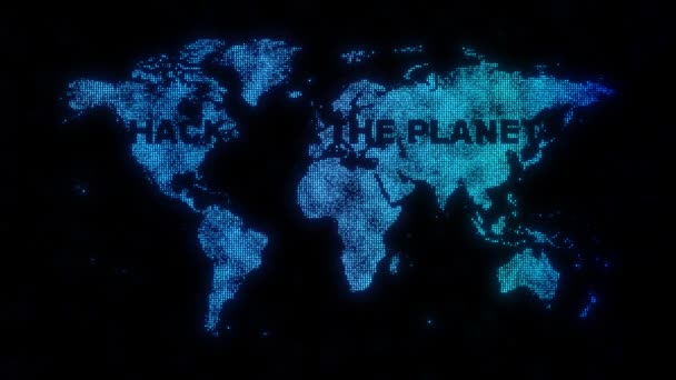 Den Schwarzen Text Des Planeten Über Die Digital Gepunktete Weltkarte — Stockvideo