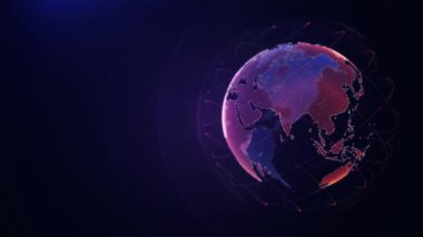 İletişim teknolojisi küresel dünya ağı. Küresel ağ bağlantısı ve veri bağlantı kavramı. Dünya küresi fütüristik hareket arkaplanıyla dönüyor. 