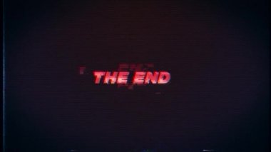 THE END text glitch effects concept for video games screen. THE END Retro text effects with glitch background