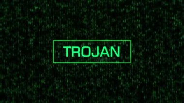 Bilgisayar İkili Arkaplanı Üzerine TROJAN Uyarısı. İkili Kod ve Matris Arkaplan ile TROJAN Metni
