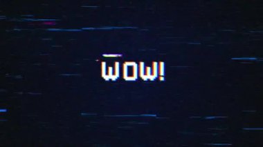 Video oyunları ekranı için hatalı arka plan kavramına sahip WOW metin. Hatalı arkaplan ile WOW Retro metin efektleri.