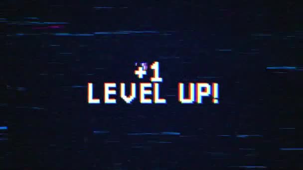 Level Text Mit Glitch Hintergrundkonzept Für Videospielbildschirm Level Retro Texteffekte — Stockvideo