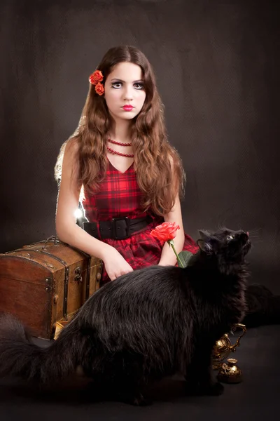 Retrato da menina com gato — Fotografia de Stock