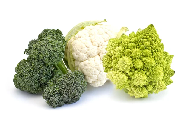 Fresh uncooked broccoli, cauliflower and romanesco on white — Stock Photo, Image