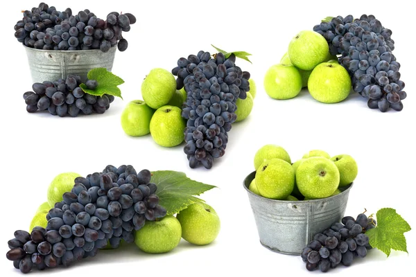 Zestaw świeżych jabłek i winogron na białym tle — Zdjęcie stockowe