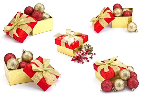 Set di scatole regalo festive isolate su sfondo bianco — Foto Stock