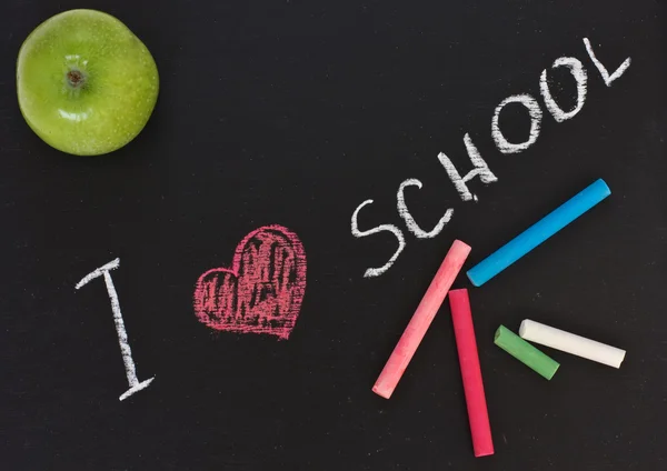 Words I love school written by white chalk — Stock Photo, Image