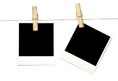 Empty paper tag on on line rope on white background clipart