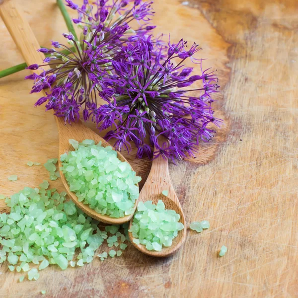 Sale marino in ciotola su fondo di legno — Foto Stock