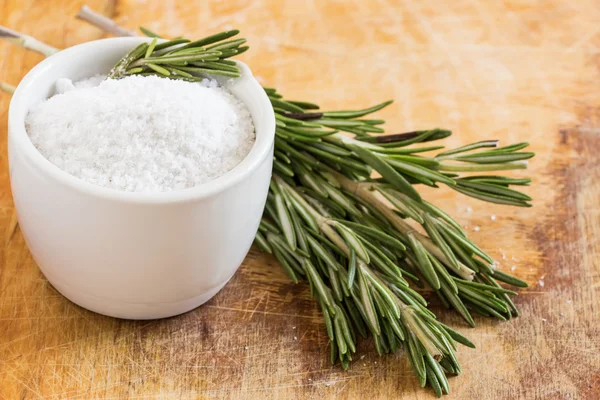 Salt in bowl on table — Stock Photo, Image