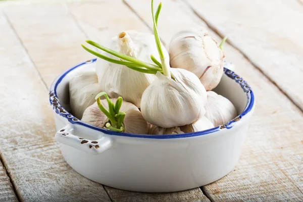 Garlic in bowl on wooden background — Stock Photo, Image