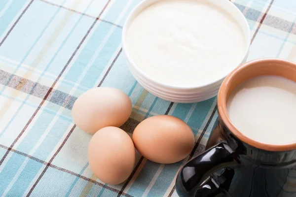 Productos lácteos: leche, crema agria, huevos . — Foto de Stock