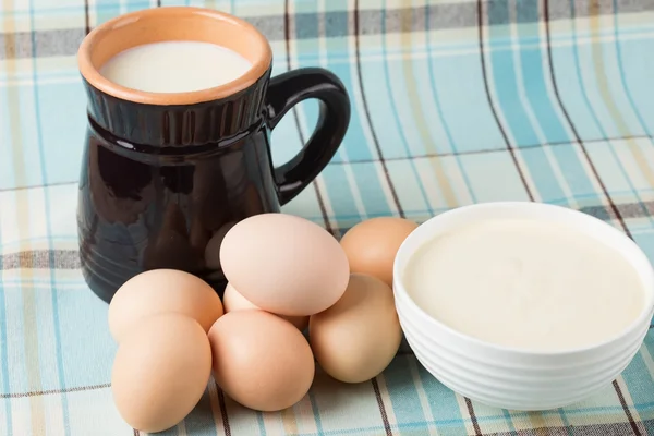 Milchprodukte - Milch, saure Sahne, Eier. — Stockfoto