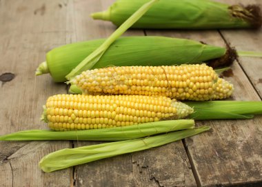 Tahta arka planda taze mısır