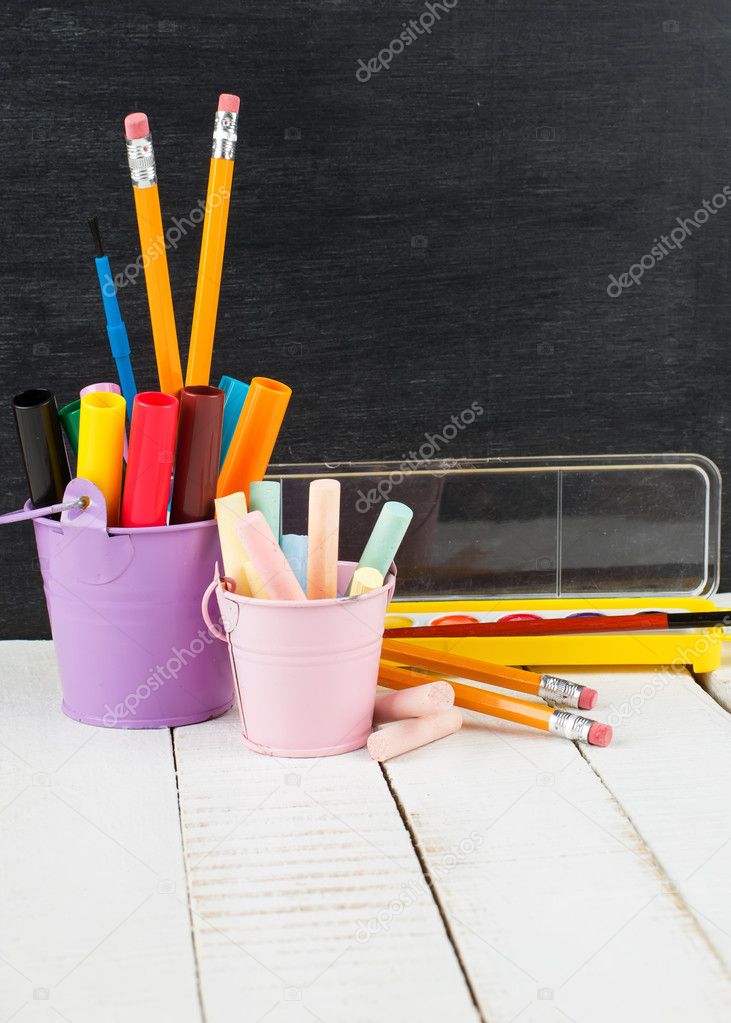 School stationery on wooden table. Educational concept.